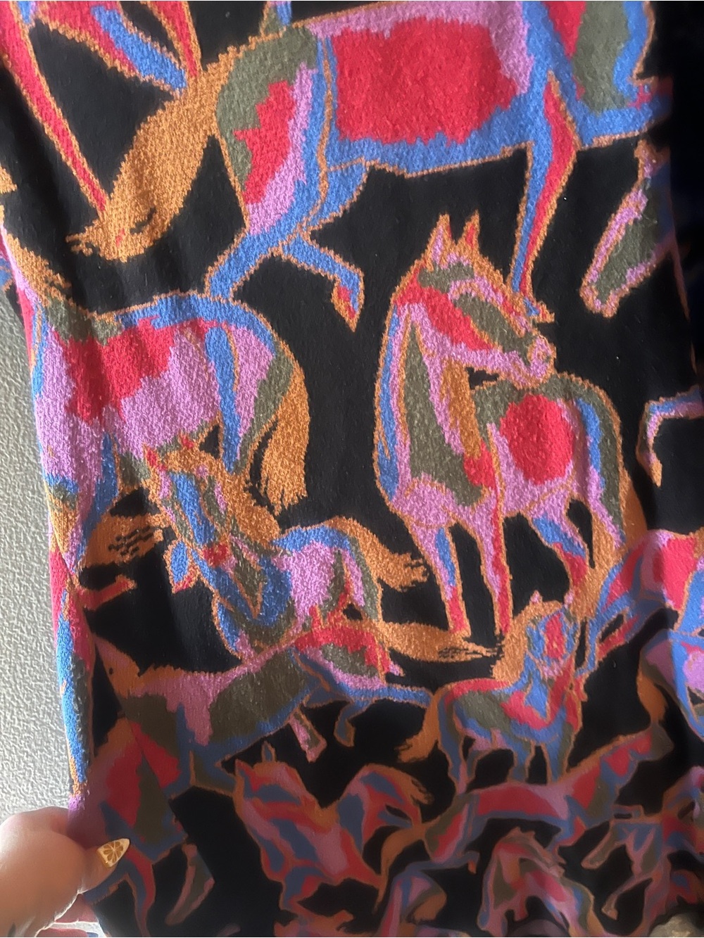 Farm Rio maxi long sleeve sweater dress with colorful horse print, keyhole back - Picture 2 of 7